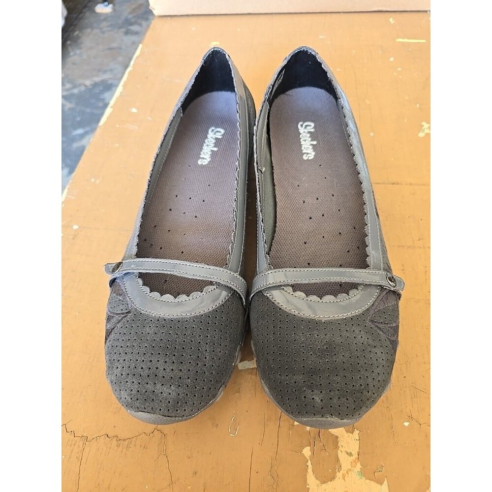 Skechers 46591 Grey Slip On Mary Jane Womens 11 Med Leather Floral Shoes Flats